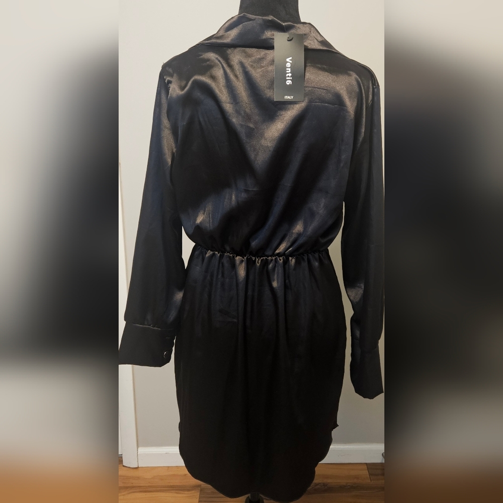Venti6 Black Satin Tie-Front Button Down Mini Dress Size S - Picture 2 of 3